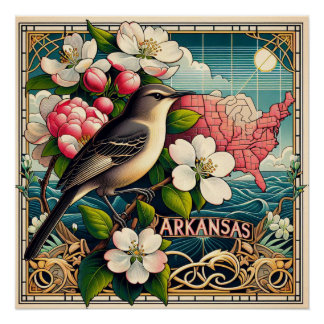 Arkansas Staat Blume und Bird Design Blue Red Poster