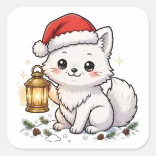Arktis-Fuchs-Weihnachtslaternen-Aufkleber Quadratischer Aufkleber