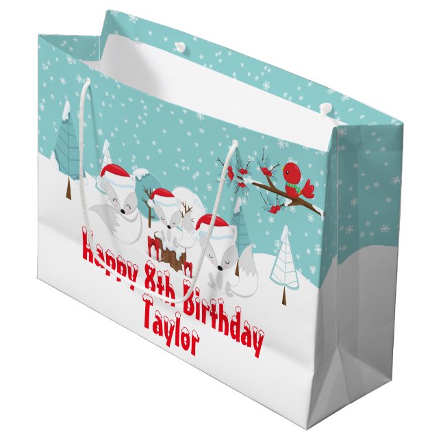 Arktische Füchse Weihnachtswald Happy Birthday Lar Große Geschenktüte (Vorderseite Schrägansicht)