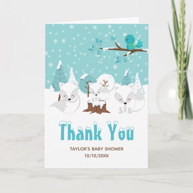 Arktische Füchse Winter Wonderland Baby Dusche Dankeskarte (Vorderseite)