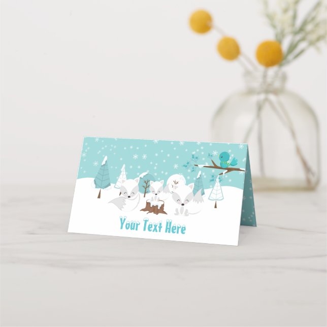 Arktische Füchse Winter Wonderland Baby Dusche Platzkarte (Vorderseite)