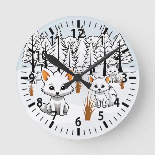 Arktische Füchse - Winterlandschaft Runde Wanduhr (Vorderseite)