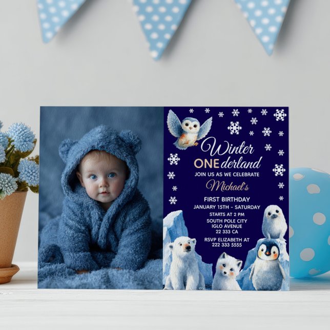 Arktische Tiere Winter Kids's erstes Foto zum Gebu Einladung (Von Creator hochgeladen)