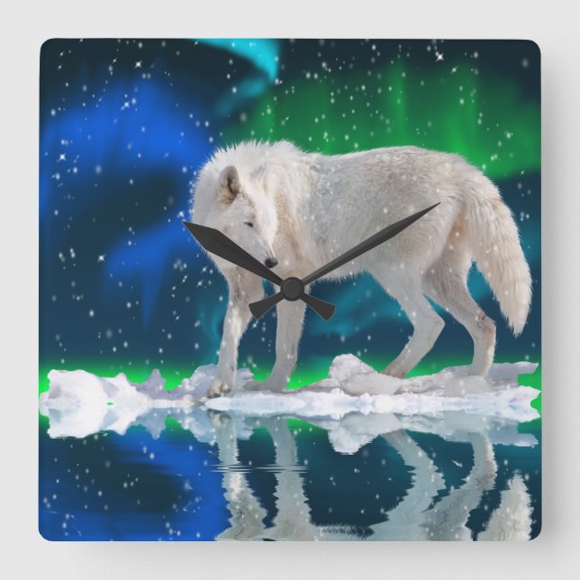 Arktische Wolf-, Schnee-u. Aurora-Tier-Kunst-Uhr Quadratische Wanduhr (Vorderseite)