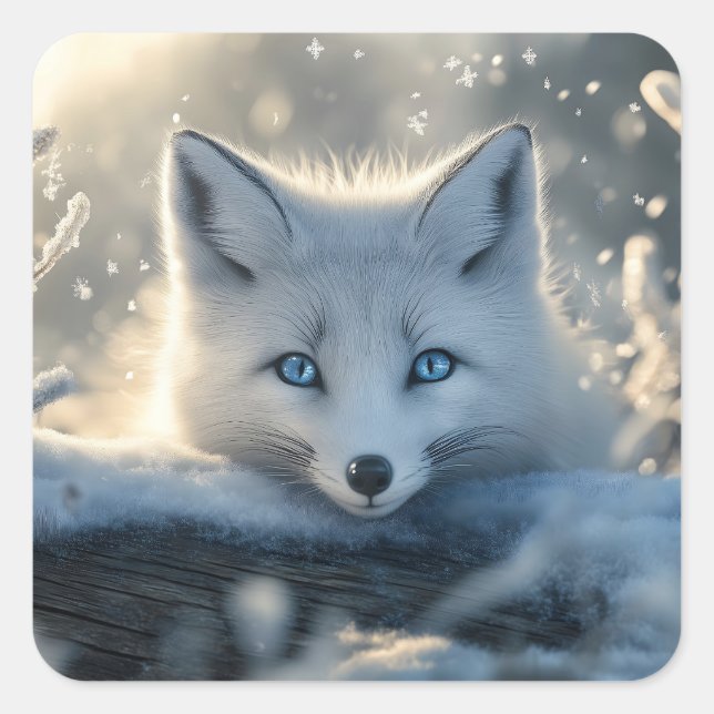 Arktischer Fox mit mesmerisierenden blauen Augen Quadratischer Aufkleber (Vorderseite)