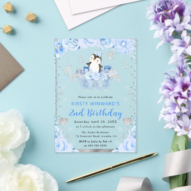 Arktischer Pinguin floral 2. Geburtstag Acryleinladungen (In Situ (Hochzeit))