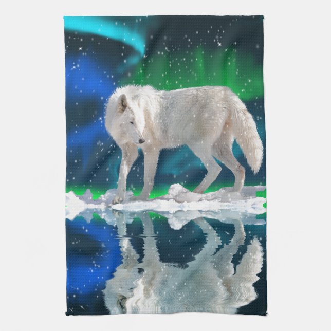 Arktischer Wolf, Aurora & Fallende Schnee Wildlife Geschirrtuch (Vertikal)