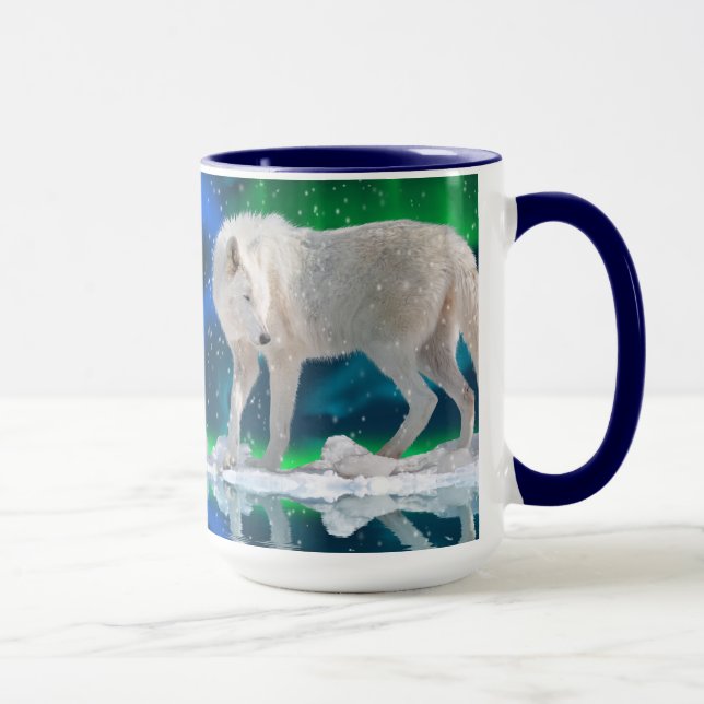 Arktischer Wolf, Aurora & Snow Wildlife Art Tasse  (Rechts)