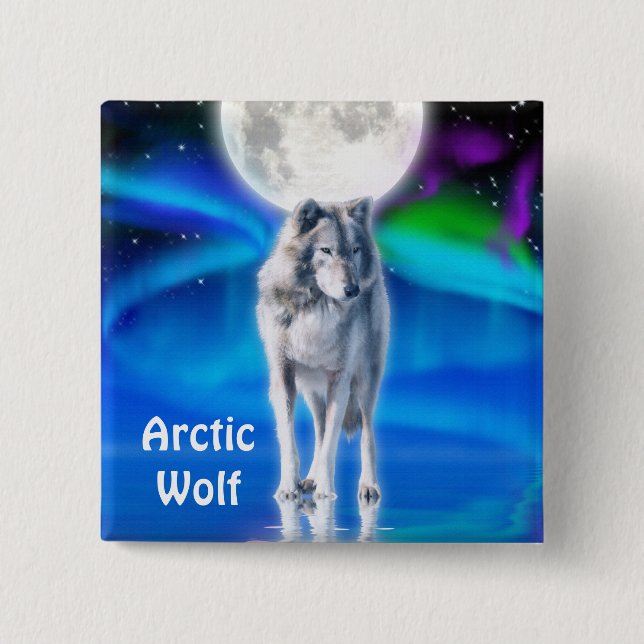 Arktischer Wolf, Mond und Aurora - Schaltfläche "W Button (Vorderseite)