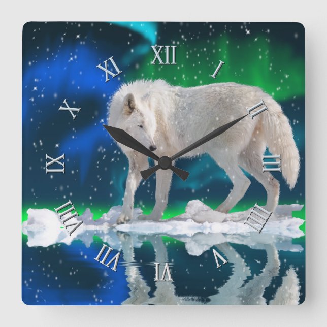 Arktischer Wolf, Schnee und Aurora Kunstmuseum Mon Quadratische Wanduhr (Vorderseite)