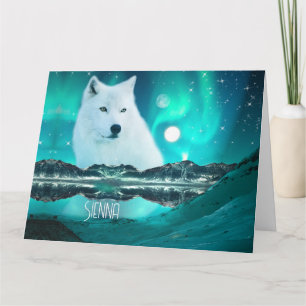 Arktischer Wolf und magische Nacht mit Nordlichter Karte