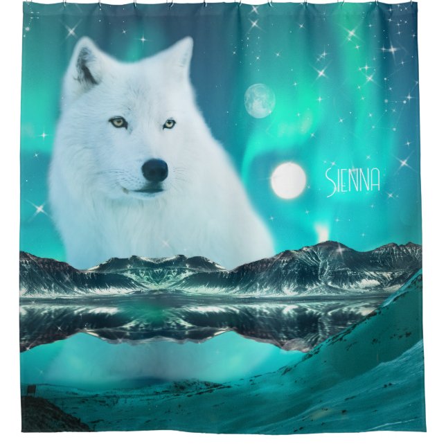 Arktischer Wolf und magische Nacht Personalisiert Duschvorhang (Vorderseite)