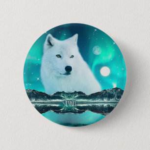 Arktischer Wolf und zauberhafte Nacht mit Nordlich Button