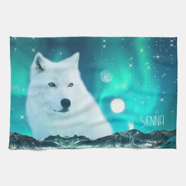Arktischer Wolf und zauberhafte Nacht mit Nordlich Geschirrtuch (Horizontal)