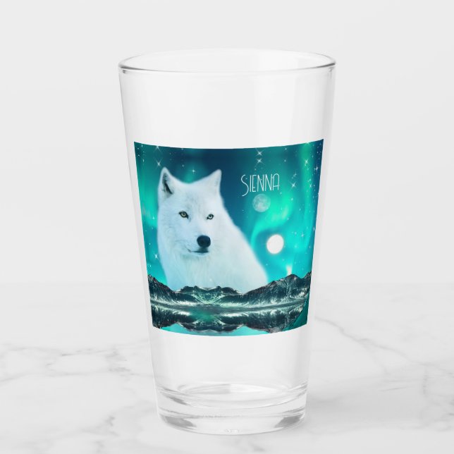 Arktischer Wolf und zauberhafte Nacht mit Nordlich Glas (Vorderseite)