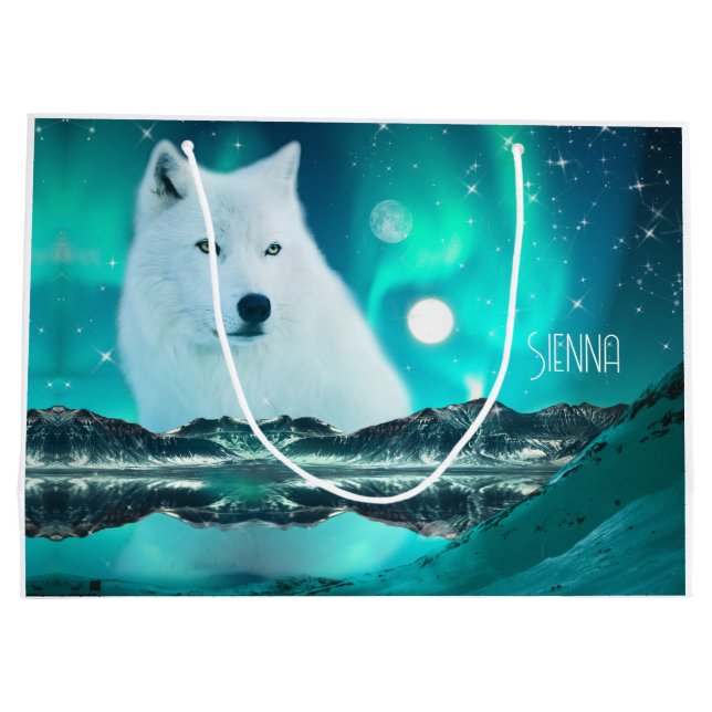 Arktischer Wolf und zauberhafte Nacht mit Nordlich Große Geschenktüte (Rückseite)