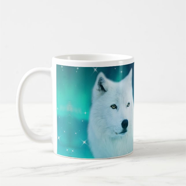 Arktischer Wolf und zauberhafte Nacht mit Nordlich Kaffeetasse (Links)