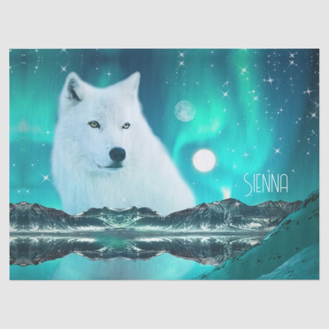 Arktischer Wolf und zauberhafte Nacht mit Nordlich Seidenpapier (Vorderseite)