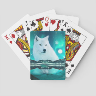 Arktischer Wolf und zauberhafte Nacht mit Nordlich Spielkarten