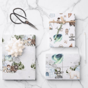 Arktisches Abenteuer im Nordlichtwald Geschenkpapier Set