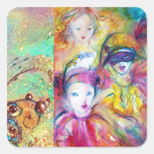 ARLECCHINO PIERO UND COLOMBINA MASQUERADE PARTY QUADRATISCHER AUFKLEBER