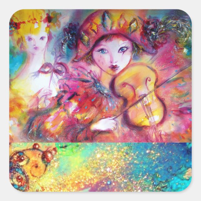 ARLECCHINO UND COLOMBINA, rosa Fuchsiengelb blau Quadratischer Aufkleber (Vorderseite)