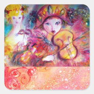 ARLECCHINO UND COLOMBINA, rosa Fuchsiengelb blau Quadratischer Aufkleber