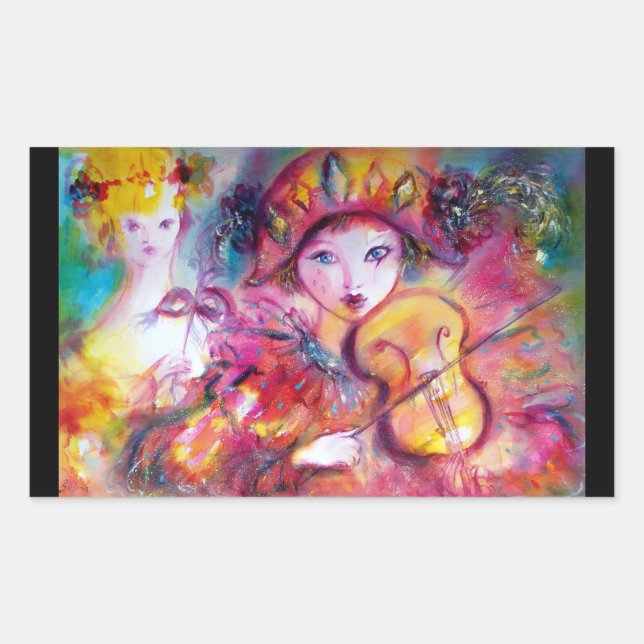 ARLECCHINO UND COLOMBINA, rosa Fuchsiengelb blau Rechteckiger Aufkleber (Vorderseite)