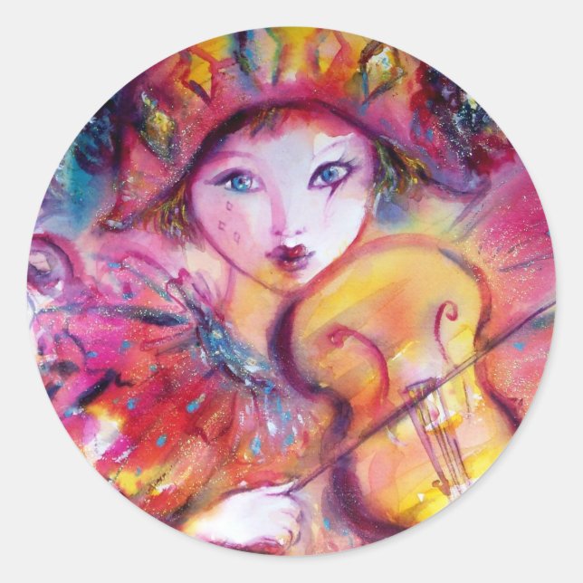 ARLECCHINO UND COLOMBINA, rosa Fuchsiengelb blau Runder Aufkleber (Vorderseite)