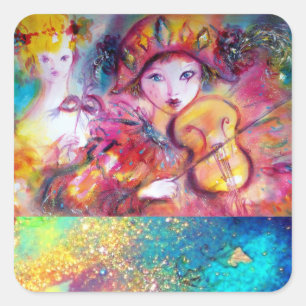 ARLECCHINO UND COLOMBINA, rosa Fuchsiengelb Quadratischer Aufkleber