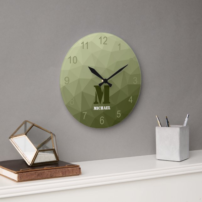 Armatur grünes geometrisches Maschenmuster Monogra Große Wanduhr (Büro)
