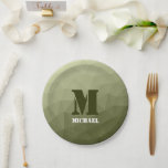 Armatur grünes geometrisches Maschenmuster Monogra Pappteller<br><div class="desc">Monogram Personalize mit Ihrem benutzerdefinierten Initial und Namen. Army grüne Gefälle geometrische Maschenmuster dreiecke ombre. Dreieck geometrische Masche mit dunkelgrauem Ober-Farbverlauf,  militärisch,  Armee,  Muster,  ombre,  Mesh,  Dreiecke,  Geometrie,  Gefälle,  cool,  Dreieck,  Grün</div>