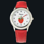 Armbanduhr für benutzerdefinierte Mädchen mit nied<br><div class="desc">Maßgeschneiderte Kinderuhr mit niedlichem roten Erdbeerbild. Personalisierbare Armbanduhren für Kinder. Einzigartige Geschenkidee für Mädchen. Erstelle eine für besondere Tochter, Enkelin, niedlichen Cousin, Freund, Kind, Enkel, kleine oder große Schwester, Mutter, Vegetarier usw. Fun Obstdesign mit Zahlen und elegante Typografie Vorlage. Auch schön als Weihnachtsgeschenk für den Urlaub. Enthält das rote Farbband....</div>