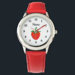 Armbanduhr für benutzerdefinierte Mädchen mit nied<br><div class="desc">Maßgeschneiderte Kinderuhr mit niedlichem roten Erdbeerbild. Personalisierbare Armbanduhren für Kinder. Einzigartige Geschenkidee für Mädchen. Erstelle eine für besondere Tochter, Enkelin, niedlichen Cousin, Freund, Kind, Enkel, kleine oder große Schwester, Mutter, Vegetarier usw. Fun Obstdesign mit Zahlen und elegante Typografie Vorlage. Auch schön als Weihnachtsgeschenk für den Urlaub. Enthält das rote Farbband....</div>