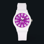 Armbanduhr mit lila und weißem kurzem Namen<br><div class="desc">Grafische Kunstuhr mit einem einfachen weißen Schmetterling. Ideal für Mädchen Uhr Features sowohl Minuten und Stunden. Anpassen mit Ihrem eigenen kurzen Vornamen oder Nickname Beispiel liest Ellie. Ideal für Schule und Sport,  da die Mädchen ihren Namen haben.</div>