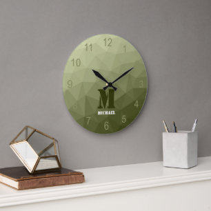 Armee hellgrün geometrisches Netz Muster Monogramm Große Wanduhr