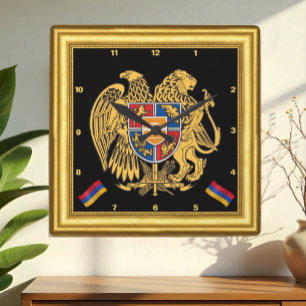 Armenien-Uhr, Goldrahmen, Emblem, Vintage Quadratische Wanduhr