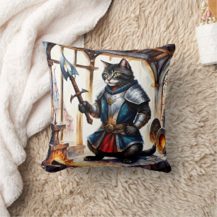 Armored Cat Holding Spez in Blacksmith Workshop Kissen