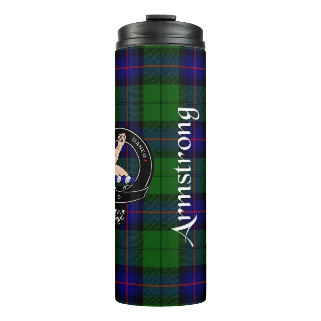 Armstrong Clan Abzeichen & Tartan Thermosbecher (Vorderseite)