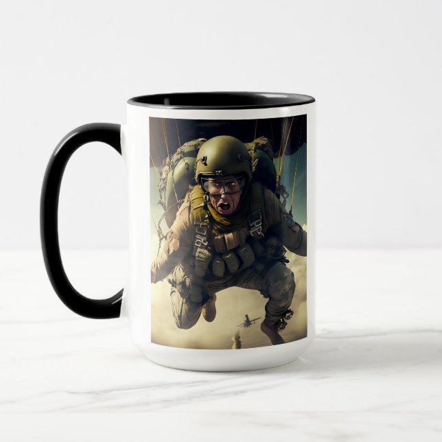 ARMY 82. Im Flugzeug Fallschirmjäger Tasse (Links)