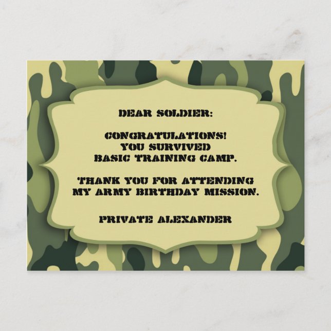 Army Camo Birthday party thank you note Postkarte (Vorderseite)