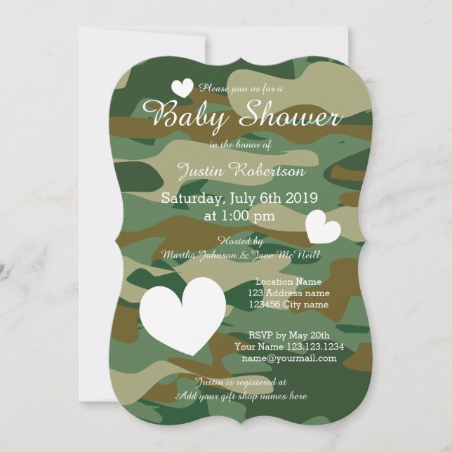 Army Camouflage Babydusche Einladungen mit niedlic (Vorderseite)