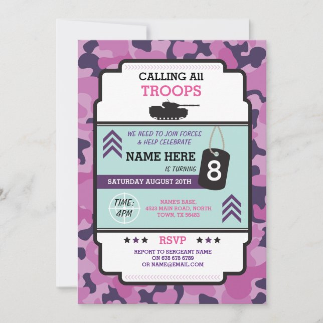ARMY GIRL SOLDIER TROOP TANK INVITE BIRTHDATAGE EINLADUNG (Vorderseite)