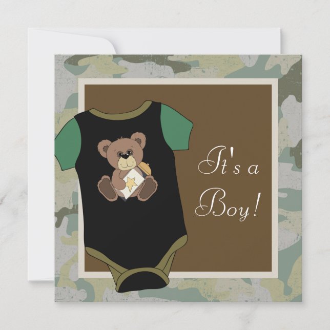 Army Green Camouflage Baby Boy Dusche Einladung (Vorderseite)