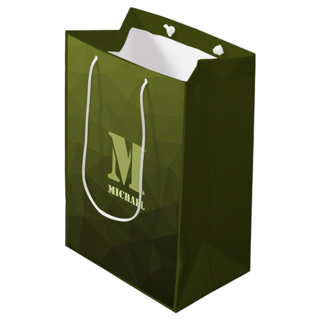 Army Green Oliven geometric mesh muster Monogram Mittlere Geschenktüte (Vorderseite Schrägansicht)
