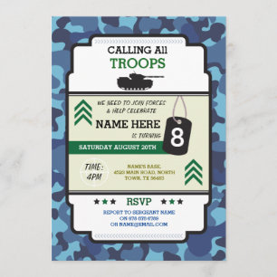 ARMY SOLDIER TROOPS TANK GUN INVITE BIRTHTAGE PART EINLADUNG