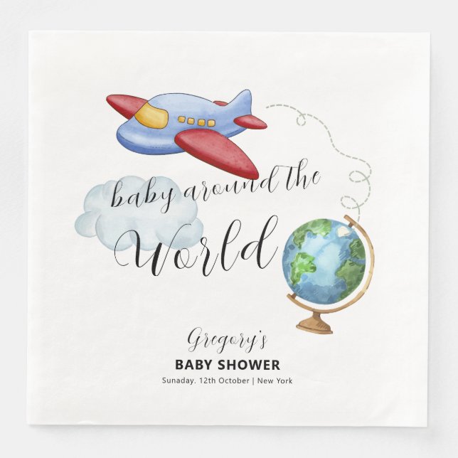 Around The World Map Airplane Boy Baby Shower Serviette (Vorderseite)