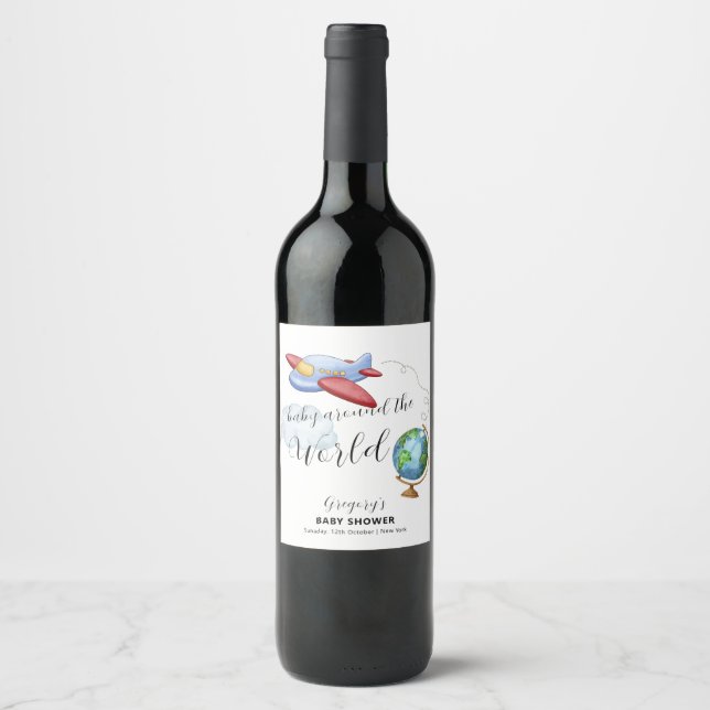 Around The World Map Airplane Boy Baby Shower Weinetikett (Vorderseite)