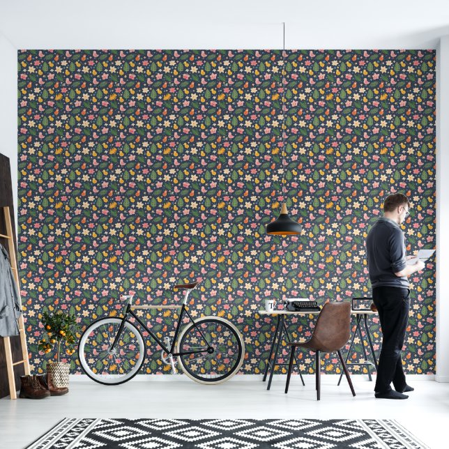 Arrière - plan bleu avec papier peint de fleurs tr (Salon)