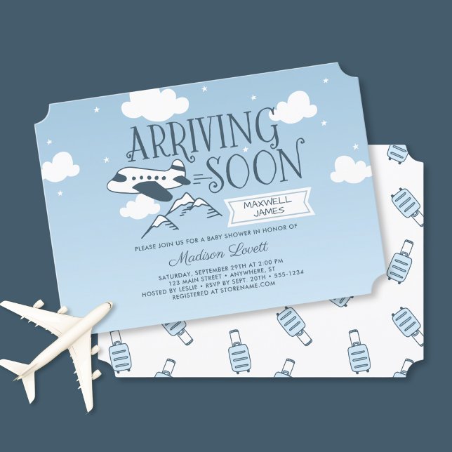 Arrivée bientôt Baby shower d'avion Invitation (Shown on a 5" x 7" card.  Ticket style.)